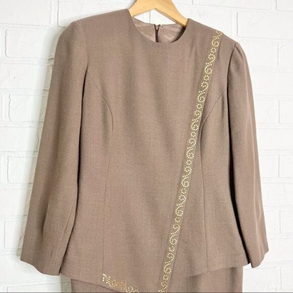 VINTAGE 100% wool taupe brown tailored wool long sleeve dress 8 - Picture 7 of 12